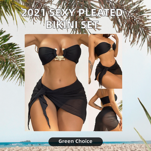 Conjunto de Bikini Ecológico de Tres Piezas con Estampado de Encaje, Top Bandeau Plisado y Accesorios de Playa, Tankinis para Mujer - Product Image 2