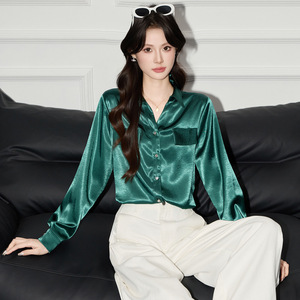 Women's <b>Satin</b> Shirt Long Sleeve Turn Down Collar Solid Color Office Wear Polyester Fabric Elegant Style Slim Fit <b>Blouse</b> - Product Image 1