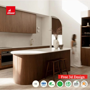 Gabinete de Cocina Estilo Español Minimalista Personalizado en Chapa de Roble Blanco y Nogal con Isla Curva, Estante y Puerta de Losa Plana, Servicio de Diseño - Product Image 1