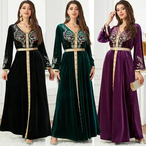 Yibaoli produsen #3754 gaun kerah v beludru ungu hijau hitam abaya kaftan dubai dengan bordir dan mutiara untuk musim dingin
