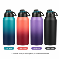 Bouteille d'eau isotherme en acier inoxydable 304, grande capacité, couleur dégradée, double couvercle, bouchon à ouverture rapide, paille rabattable