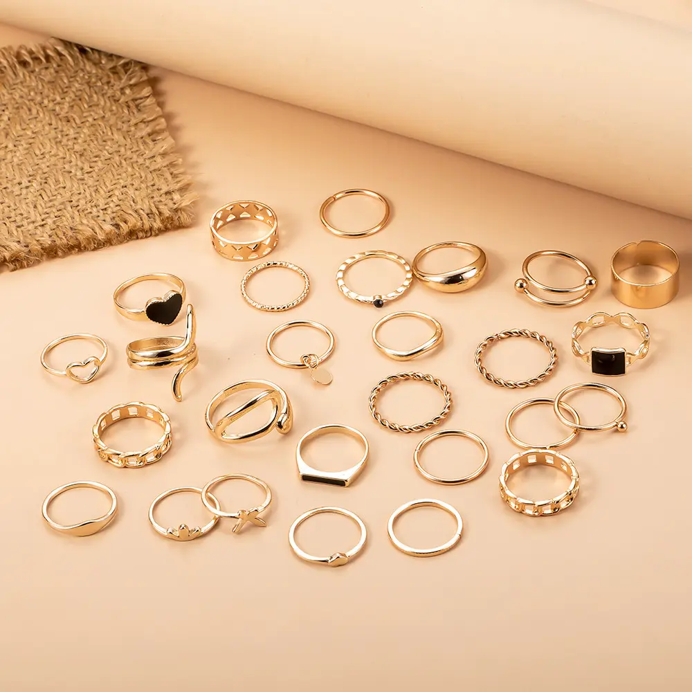 Anel quadrado de metal europeu e americano com cola preta, amor, 27 conjuntos de anel aberto retrô francês, conjunto geométrico
