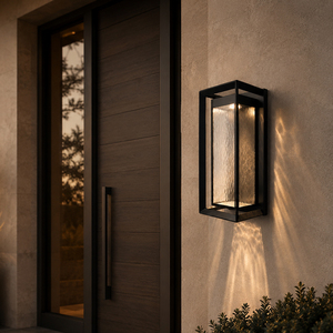 Modern Rectangular Outdoor <b>Wall</b> Light Black Metal Frame Water Ripple Glass <b>Wall</b> <b>Sconce</b> For Villa Front Porch Entrance Lighting - Product Image 1