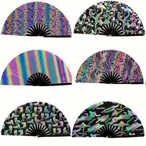 Éventail à main de 13 pouces violet pailleté, grand format, en bambou/plastique écologique, sculpté style ange, pour le Nouvel An chinois et les soirées rave - Product Image 1