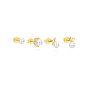 Boucles d'oreilles quatre pièces en argent S925, style luxe léger, mini, exquises, avec éléments étoile et lune incrustés de perles. - Product Image 1