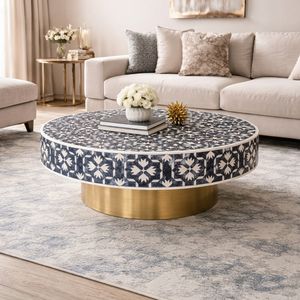 Modern Round Bone Inlay <b>Coffee</b> <b>Table</b> with Floral Pattern and Metal Base for Living Room Home Furniture Decor - Product Image 1