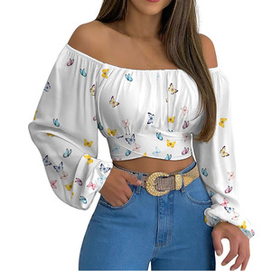 Elegante damesblouse met off-shoulder print, sexy kanten strik, open rug, slank model, casual, lange mouwen, cropped streetwear <span class=keywords><strong>blouse</strong></span>. - Product Image 1
