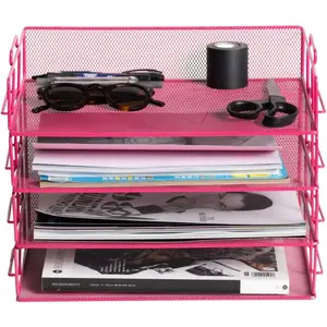 Pink 4 Tier Stackable Heavy Duty Desk Document Organizer Shelf Tray Magazine Holder Paper File Newspaper Organizer Tray