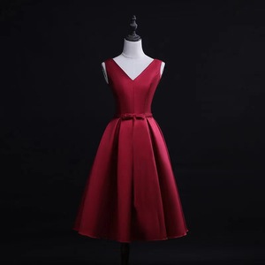 V-Neck Satin A-Line Midi Dress With Tie-Up Detail For Women Wine Red - Product Image 1