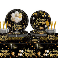 Ensemble de vaisselle jetable moderne en papier noir et or personnalisé pour fête d'anniversaire, assiettes, serviettes, gobelets, décorations de feux d'artifice