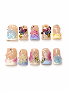 Ongles en gel artisanaux de luxe, style Y2K, rose <span class=keywords><strong>pastel</strong></span> estival, avec fleurs 3D, papillons transparents, strass AB <span class=keywords><strong>et</strong></span> perles, effet éclatant - Product Image 5