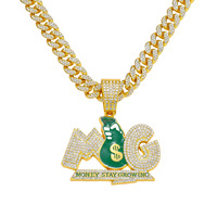 Collier pendentif sac à monnaie avec lettres MSG, entièrement serti de zircone cubique (CZ), plaqué or sur argent, chaîne cubaine, bijoux pour hommes style Hip-Hop