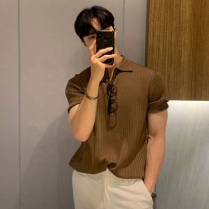 T-shirt à manches courtes pour homme, style Hong Kong, col polo respirant, coupe ample, décontracté, été, fin, couleur unie, tricoté, <span class=keywords><strong>Teena</strong></span> - Product Image 3