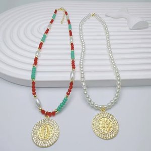 Collier Bohème Coloré à Perles avec Pendentif Rond en Zircon Doré et Motifs Vierge <span class=keywords><strong>Marie</strong></span>, Cœur et Étoile pour Cadeau Religieux Quotidien - Product Image 4