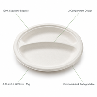 Assiette ronde à 2 compartiments en bagasse de canne à sucre compostable et biodégradable de 8,86 pouces pour la restauration rapide à emporter