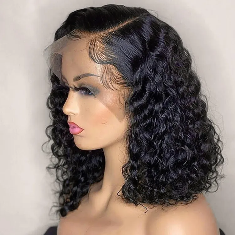 Short deep curly hairstyles bob half wig brazilian 14 inch jerry curl frontal pre plucked human hair wigs for black women