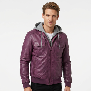 Blouson Bomber Homme en Cuir Véritable Violet avec Capuche Amovible, Bordure en Tricot Côtelé, Style Classique et Chaud pour l'Hiver - Product Image 1