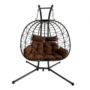 Fauteuil <span class=keywords><strong>suspendu</strong></span> <span class=keywords><strong>double</strong></span> moderne en acier avec coussin et support, idéal pour patio, chambre, balcon et jardin (utilisation intérieure/extérieure, marron) - Product Image 2