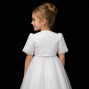 D1329A Gilet de robe de mariée pour fille à manches courtes, orné de broderies en tissu satiné blanc, avec châle - Product Image 2