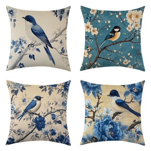 Housse de coussin carrée en lin bleu, 20x20 pouces, motif floral et oiseaux aquarelle, style vintage, décoration de salon - Product Image 1