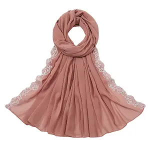 Customization Summer premium solid color Dubai Muslim elegant flower embroidery hijab Malaysia High Quality Pearl Chiffon Shawl