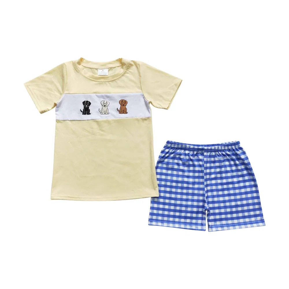 BSSO0598 ropa bordada para perros pantalones cortos a cuadros azules conjuntos de ropa bonita conjuntos de ropa para niños pequeños