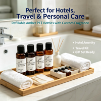 Bouteille en plastique PET ambre, mini bouteille cosmétique de voyage, bouteille d'échantillon de shampoing et de lotion pour hôtel, impression de logo personnalisée, parfum personnalisé