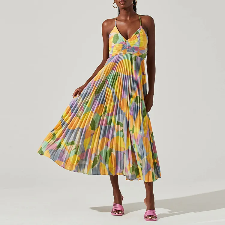 Colorful printed Women Maxi Floral Tie Dye digital printing pleated summer shirt dress custom baggy casual dress womens clothing