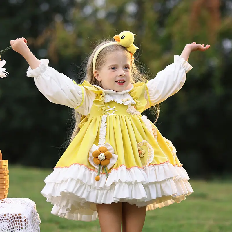 2024 Baige Baby Child Flower Layered Dress Boutique Girl Yellow Ruffle Long Sleeve Winter Princess Dress Kids Lolita Dresses