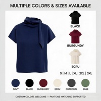 Pull-over élégant en satin pour femme, anti-boulochage, à manches courtes drapées, col drapé, manches courtes amples, tricoté, 100 % polyester, OEM