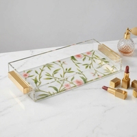 Plateau de rangement de luxe léger en acrylique transparent imprimé floral avec poignée à bord doré pour cosmétiques de salle de bain et de bureau