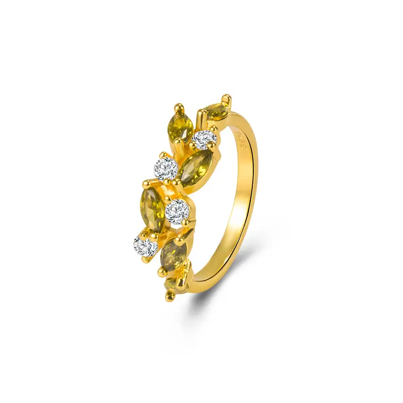 Joyería de moda bohemia de alta calidad, anillo de hoja verde oliva, anillo de circón en forma de pera chapado en oro