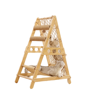 Arbre à chat en bois massif avec hamacs, style moderne, structure d'escalade pour chats d'intérieur, maisonnette pour animaux imprimée mignonne, colonnes de traction - Product Image 1