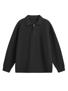 Men's Wool Blend Vertical Ribbed Knit Sweater <strong>Polo</strong> Collar Half Zip Long Sleeve Loose Fit Casual Warm Pullover <strong>Jumper</strong> - Product Image 3