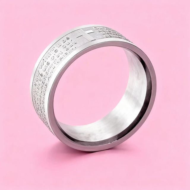 Religious Carve Bible Jesus Christian Spanish Bible Stainless Steel Lord'S Prayer Cross Ring