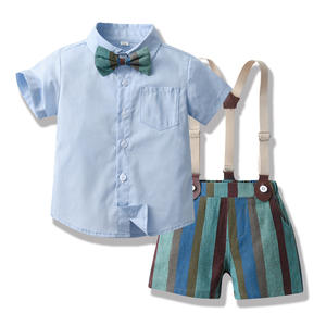 Conjunto de ropa de estilo moderno transfronterizo para niños mayores, <span class=keywords><strong>Camisa</strong></span> de algodón con lazo de manga corta de verano, conjunto de pantalones cortos a rayas con <span class=keywords><strong>tirantes</strong></span> - Product Image 2