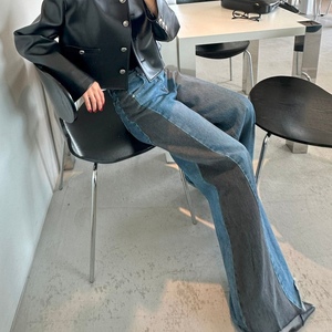 Jean large pour femme à taille haute, design rétro avec empiècements de couleurs contrastées, tendance - Product Image 6