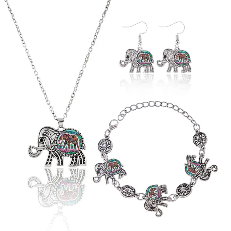 FT-35 Kit de bijoux pour filles en gros Ensemble de boucles d'oreilles et collier bracelet éléphant camée vintage pour femmes