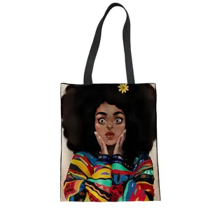Afro sanat afrika kızlar özelleştirilmiş kadın kumaş alışveriş çantası tuval Tote alışveriş torbaları çevre dostu