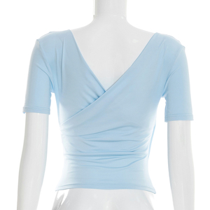 Viviblook Y26TP059 Camiseta informal de primavera y verano para mujer, nueva camiseta con cuello en V cruzado, manga corta, corte ajustado, Top para mujer - Product Image 4