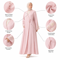Abaya ouverte en Lyocell Slub Premium pour femme, avec manches brodées et devant enveloppant, robe modeste, marque privée OEM