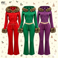 Nouvel ensemble de survêtement pour femme, hiver, Noël, imprimé léopard, fausse fourrure, à capuche, 2 pièces, sweat à capuche court zippé + pantalon évasé coordonné