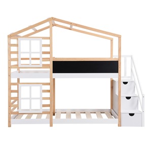 <b>Wooden</b> House-Style <b>Bunk</b> <b>Bed</b> With Stairs And Storage For Kids Bedroom Wheat-Colored Framework Structure - Product Image 4