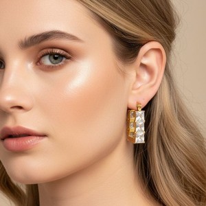 Pendientes de aro geométricos con circonita y engaste en canal, poste de oro de 18 quilates para mujer, joyería de regalo TE60688 - Product Image 2