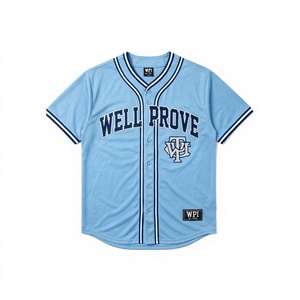 Custom <b>Sky</b> <b>Blue</b> Baseball Jersey 220 GSM Polyester Mesh Tackle Twill Embroidered Team Logo Button Short Sleeve Front Sportswear - Product Image 1