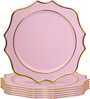 Assiette de service durable rose et or à bord festonné pour mariage, en plastique