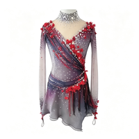 Robe de patinage artistique à manches longues, dégradé noir et rouge, maille ornée de fleurs 3D et de strass, pour enfants et adultes, pour les compétitions sur glace