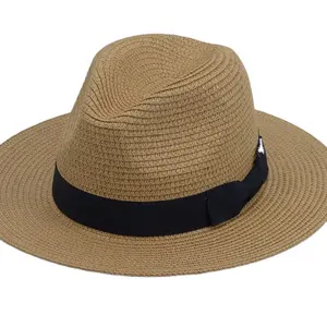 Sombreros de paja de playa occidentales personalizados, sombreros de verano de papel reciclado con lazo, sombreros de paja de Panamá con correa negra