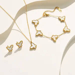 Fashion Gilded Clover Bracelet Jewelry Heart shaped Butterfly Charm Women's Bracelet Necklace Ear Studs Three Piece Set