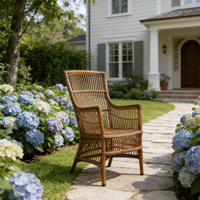 Fauteuil vintage en rotin avec structure en aluminium léger, dossier haut rétro, chaise de bistrot de jardin avec coussin imperméable